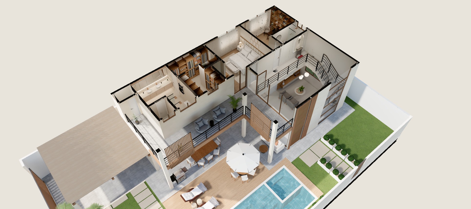 Vista de cima do decorado 3D: Casa com piscina